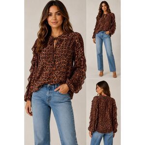 Rachel Zoe V-neck Ruffle Sleeve Cheetah Print Blouse Small Western Cowgirl #400